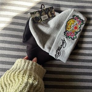 Ed Hardy Gray and Black Beanie with Colorful Embroidery